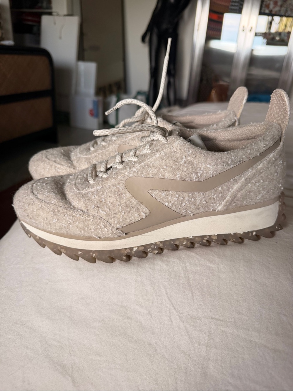 rag & bone Neutral Taupe Knit Lace-Up Platform Sneakers